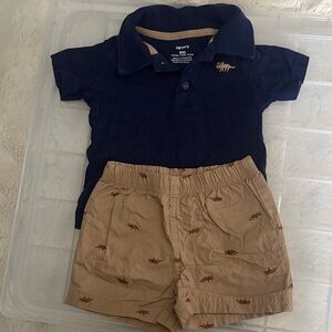 Carter's Dark Blue Navy Polo with Matching Beige Dinosaur Shorts size 9m